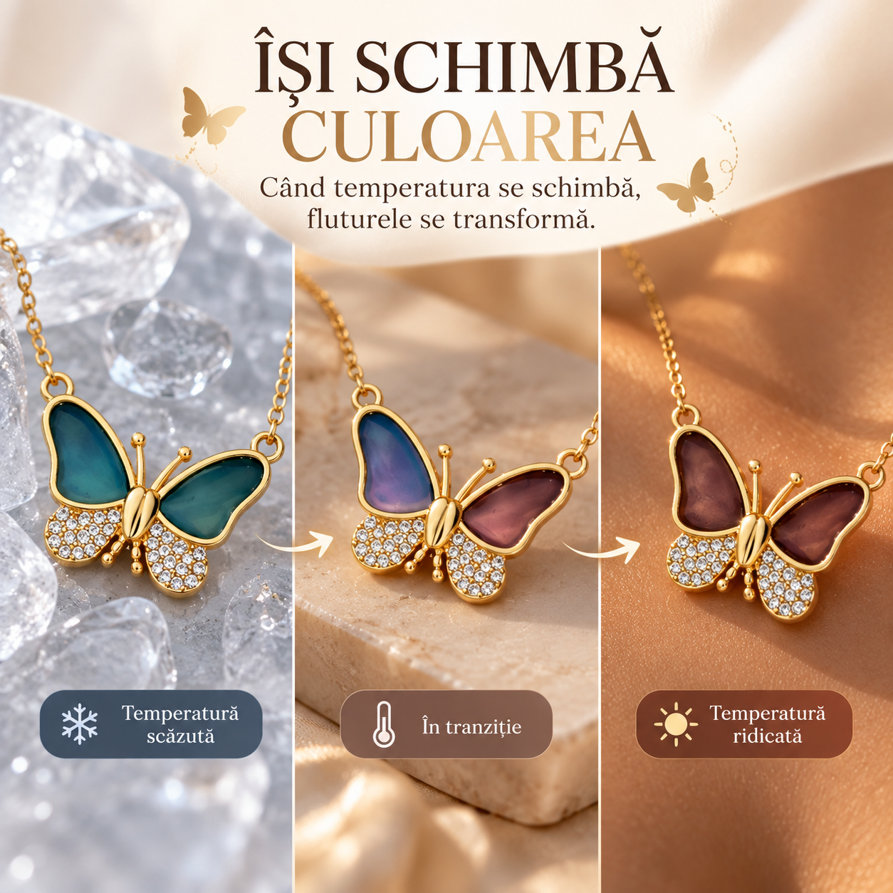 Colier Butterfly Charm - Magnetic cu Efect de Schimbare a Culorii